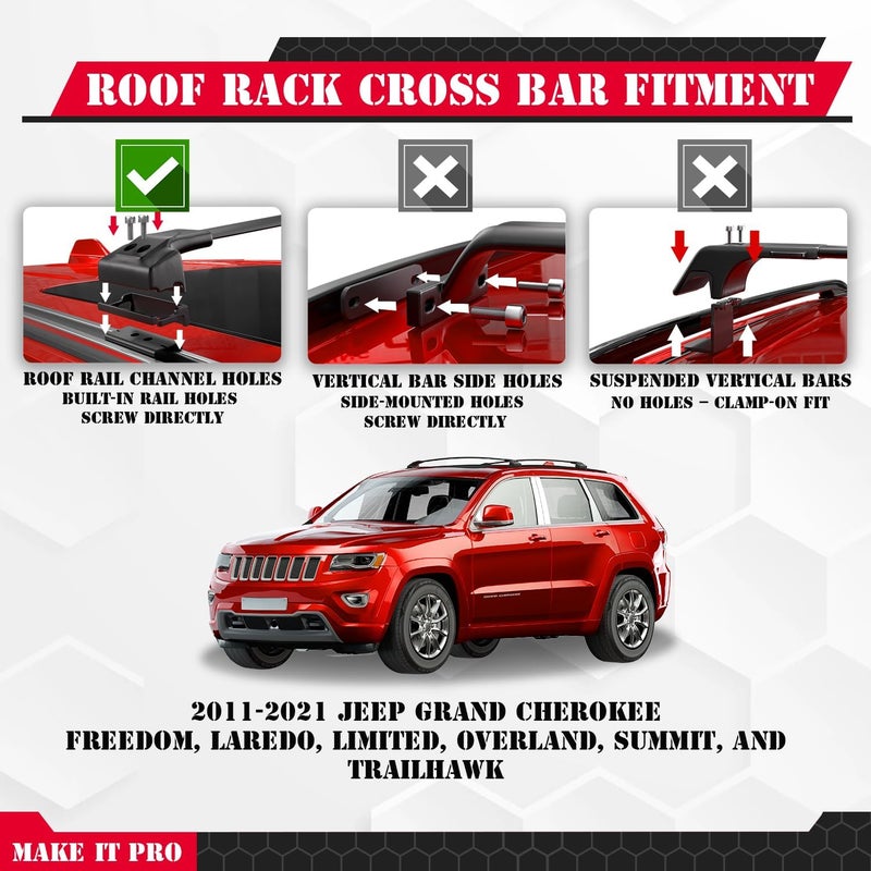 KitsPro 260 رطل قضبان علوية لجهاز جيب جراند شيروكي 2011-2021 (تناسب فقط القضبان الجانبية المخددة من المصنع) ، قضبان علوية من الألمنيوم المتين باللون الأسود غير اللامع - Image 2